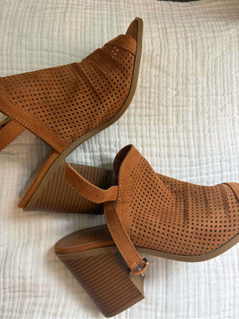 a.n.a Tan Perforated Slingback Block Heel Mules